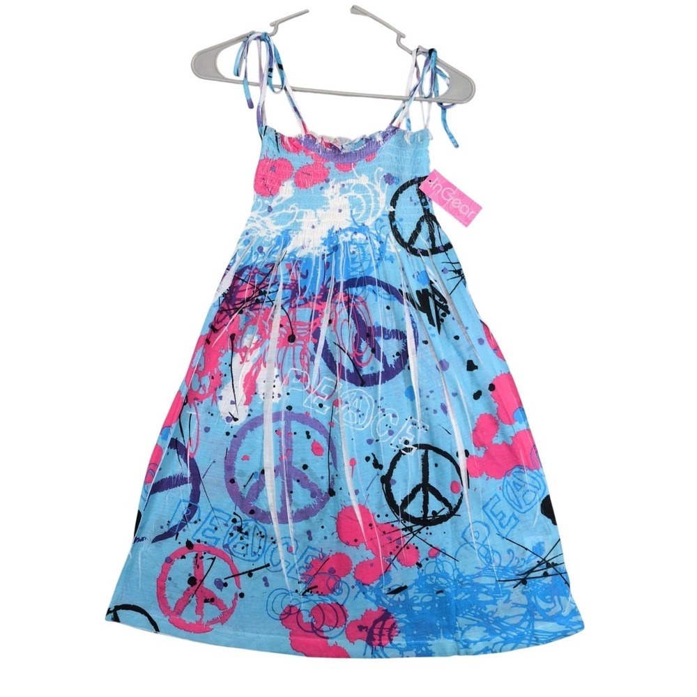 NWT InGear Blue Peace Graphic Mini Dress Sz M Smocked Tie Straps Beach Festival